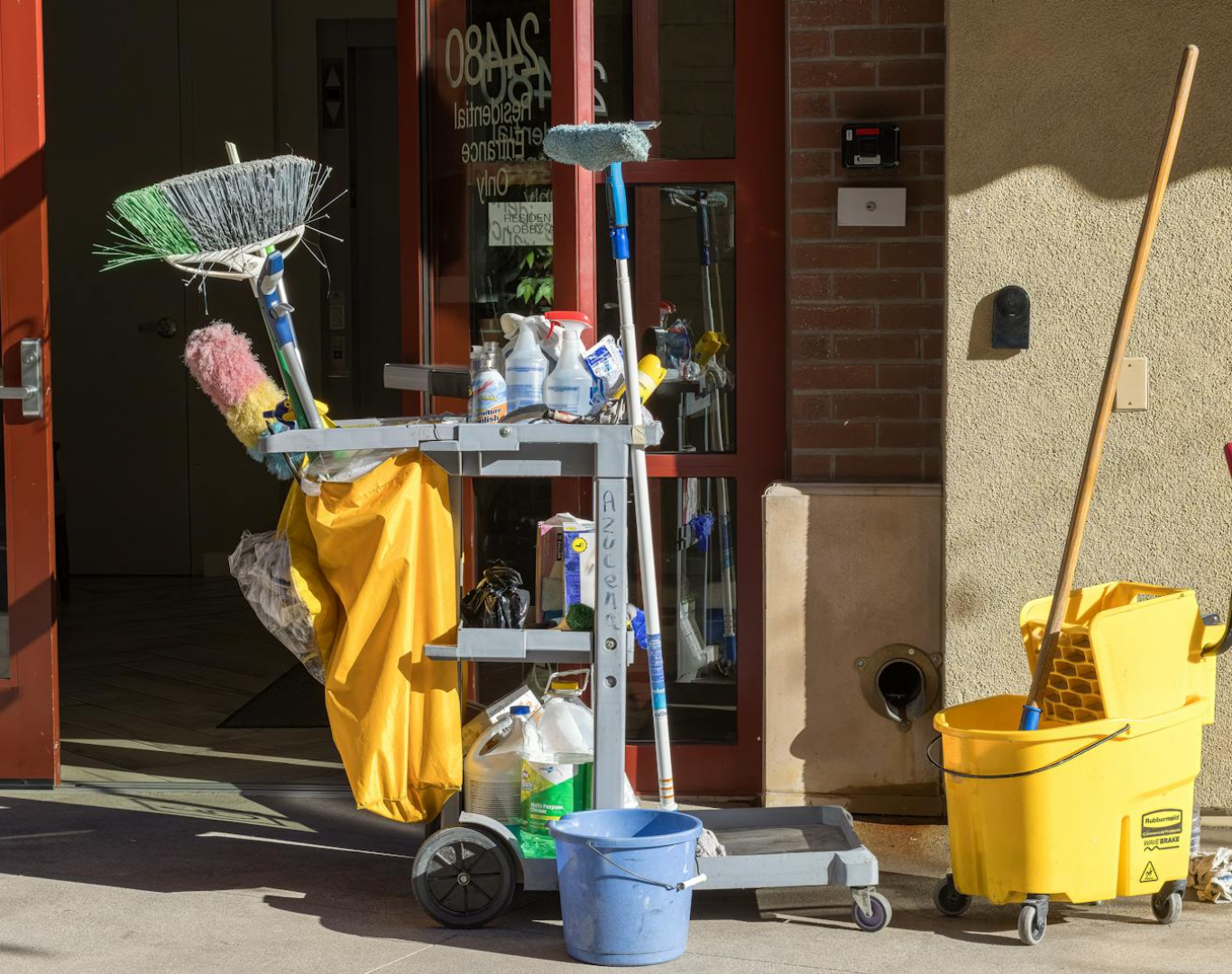 Cleaning supplies and tools outside a building entrance bathed in sunlight.